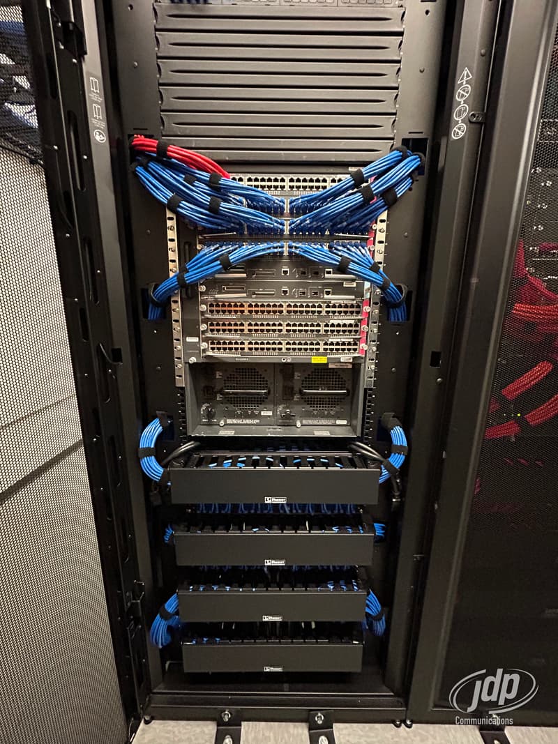 Dressed Cat6 cable in a network rack